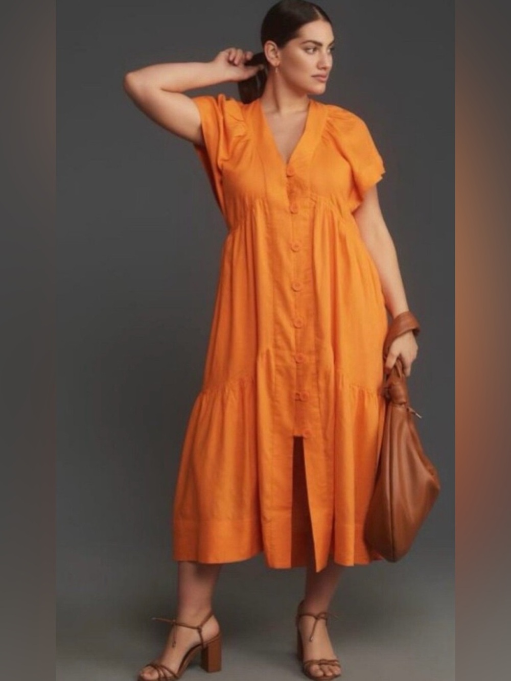 Anthropologie The Reneé Flutter-Sleeve Linen Button-Front Midi Dress in Orange
